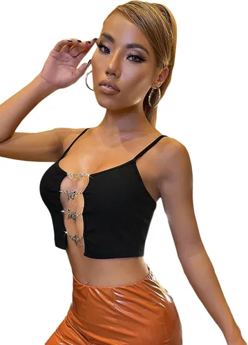 Vista 3 de SheIn Camiseta corta sexy con cadena de mariposa para mujer