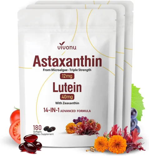 Vista 11 de Astaxantina 14 en 1 12 mg y luteína 40 mg con suplementos de zeaxantina, suministro para 6 meses, fuente de microalgas frescas, apoya los ojos