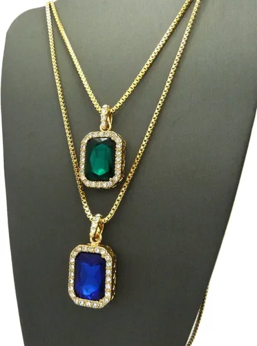 Vista 5 de Mens Iced Out Cadena de Oro Rojo Negro Azul Verde caja de piedra conjunto collar conjunto de 2