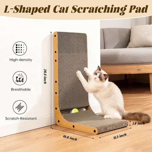 Vista 2 de PatiencET Rascador para gatos en forma de L, almohadilla de cartón de 26.8 pulgadas para gatos de interior, tablero vertical grande para rascar