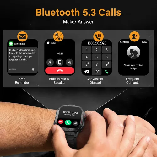 Vista 2 de Reloj inteligente militar para hombre, reloj inteligente deportivo al aire libre de 2.02 pulgadas con linterna, frecuencia cardíaca, oxígeno y Negro