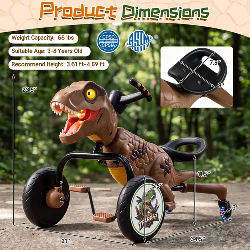 Vista 8 de Costzon Dinosaur Kids Pedal Car Go Kart con luces, rocío de niebla Marrón