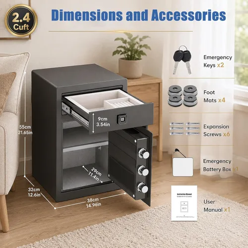 Vista 7 de 2.4 Cu Ft Small Safe Box Fireproof Waterproof -Home Safe with Biometric Fingerprint Drawer & Removable Shelf, Dual Alarm System,Gun Safe for