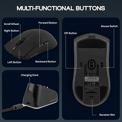 Vista 7 de MechLands AJAZZ AJ139P V3 MC Mouse inalámbrico con base de carga, 3 modos de mouse para juegos con batería de 800 mAh, 24,000 DPI ajustable, sensor