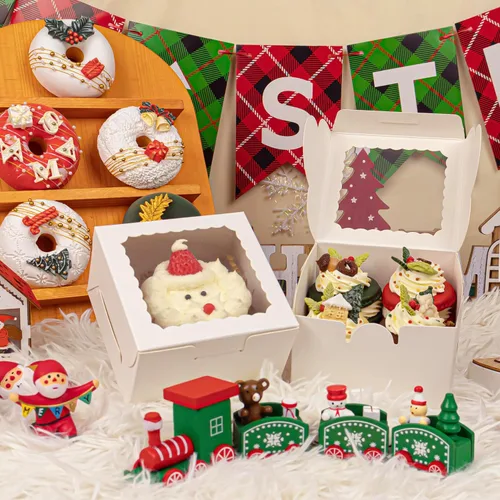 Vista 4 de 50 cajas blancas de panadería de 4 x 4 x 2.5 pulgadas con ventana, mini pastel, postre, pastelería, cajas pequeñas para dulces