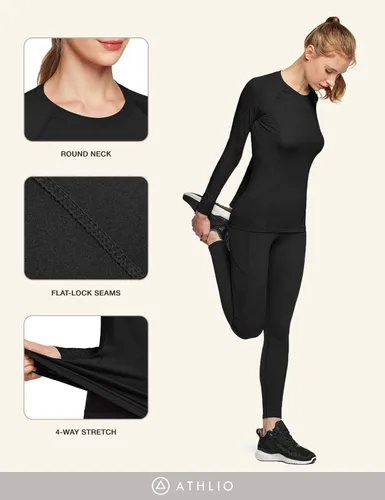 Vista 5 de ATHLIO Paquete de 2 camisetas deportivas de compresión para mujer, camisetas de entrenamiento de manga larga para entrenamiento, gimnasio, yoga