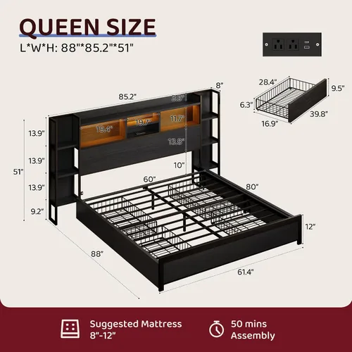 Vista 2 de BRELTAM Base de cama tamaño Queen con 4 cajones de almacenamiento y cabecero con almacenamiento de estantes, marco de cama de plataforma de madera