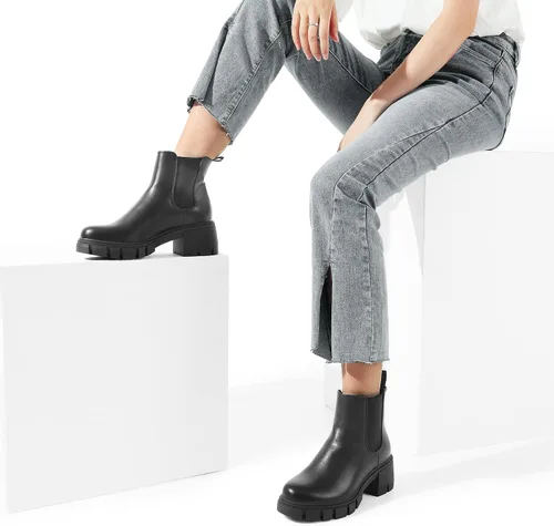 Vista 8 de DREAM PAIRS Botines Chelsea para mujer con tacón bajo y grueso, suela elástica, botines para mujer