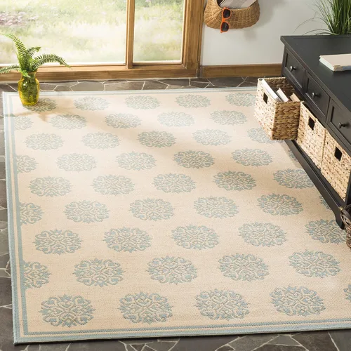 Vista 18 de SAFAVIEH Alfombra lavable al aire libre Linden Collection – 6 pies 7 pulgadas, cuadrada, aguamarina y crema, no desprende pelusa y fácil de limpiar