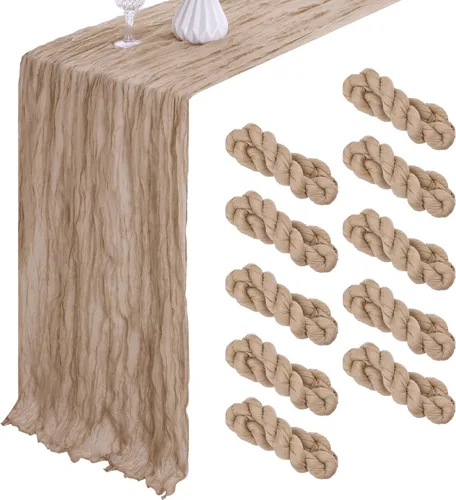 Vista 29 de LuoluoHouse Beige Gauze Table Runner 17x120 Inch Summer Boho Cheesecloth Runner Fabric for Wedding Reception Party Decor Bridal Shower Bulk Table
