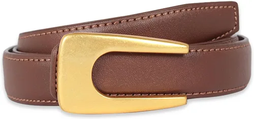 Vista 284 de Cinturón de cuero clásico con hebilla de metal para mujer con vestido de jeans