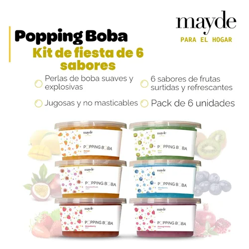 Vista 2 de Mayde Bursting Popping Boba Pearls, fresa, mango, fruta de la pasión, kiwi, arándanos, granada, kit de fiesta de 6 sabores (17.28 oz, paquete de 6)
