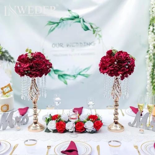Vista 3 de Bolas de flores burdeos para centros de mesa: 11.8 pulgadas de diámetro, juego de 6