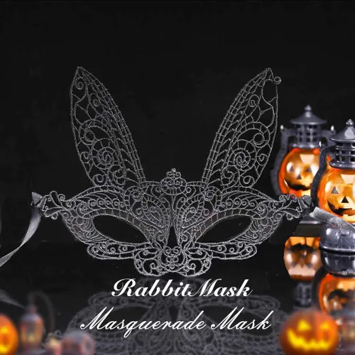 Vista 5 de Obmyec Máscara de encaje de Halloween, máscara elástica de Mardi Gras, disfraz para mujer (conejo negro)