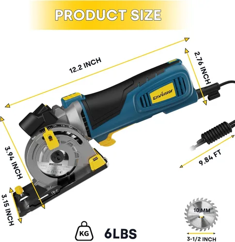 Vista 8 de Enventor Mini sierra circular, sierra circular eléctrica mejorada de 5A/600 W, con cable con guía láser, 5,500 RPM, 3 hojas de sierra compactas