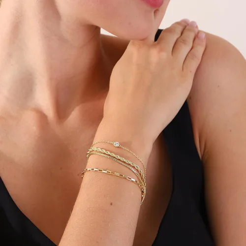 Vista 2 de Pulseras de oro para mujer, juego de pulseras en capas de oro de 14 quilates, delicadas cadenas de espiga de espiga, pulseras cubanas de oro