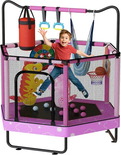 Vista 11 de LAMERGE Trampolín redondo 7 en 1 de 55 pulgadas para niños y niñas de 1 a 8 años, trampolín para interiores y exteriores para diversión, barandilla