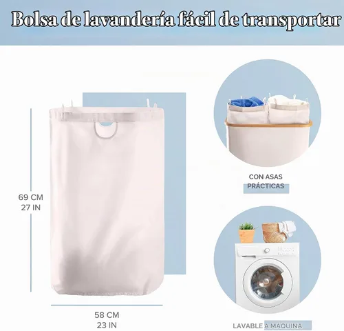 Vista 6 de LONBET Canasta de lavandería con tapa, hecha de tela transpirable Cestas de ropa estéticas para lavandería con asas laterales y marco de bambú