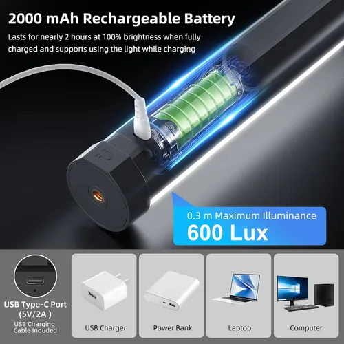 Vista 6 de LUXCEO Varita de luz LED RGB multicolor – Mini luz recargable de 2000 mAh para grabación de video, luces de tubo profesional con base magnética