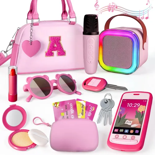 Vista 8 de Bolso para niña con maquillaje de simulación para niños pequeños, juego de monedero para niños, incluye bolso, auriculares de juego, cartera