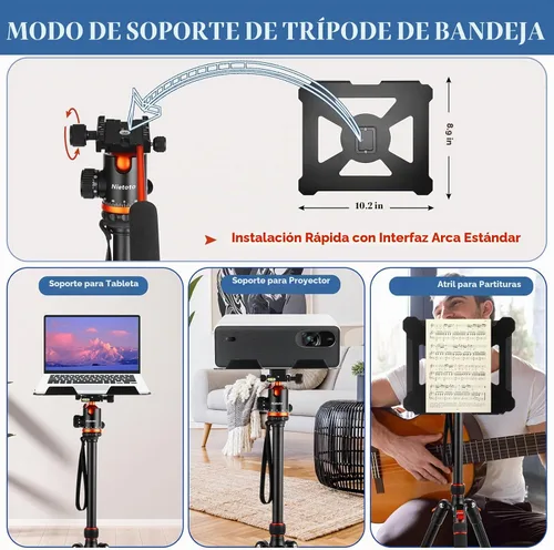 Vista 5 de Trípodes para cámara y soporte para proyector, trípode 2 en 1 para cámara con bandeja de metal extraíble, trípode resistente para DSLR. Proyector.