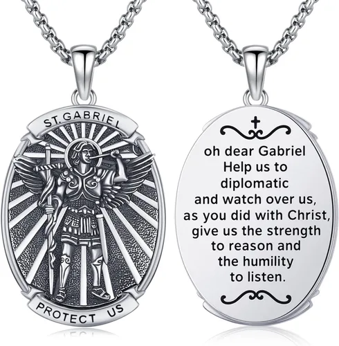 Vista 26 de Collar con colgante de amuleto de medalla de San de plata 10A-St Michael Oval