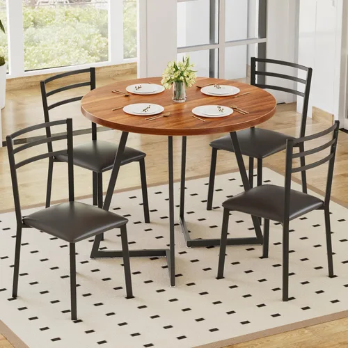 Vista 6 de VECELO Juego de mesa de comedor redonda para 4, mesa de madera y marco de acero resistente, comedor de 5 piezas con sillas para cocina, rincón
