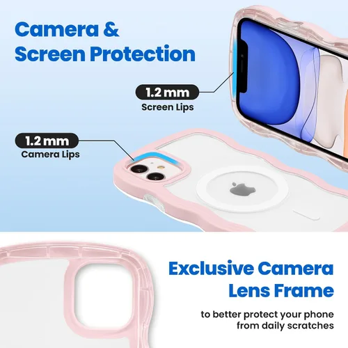 Vista 5 de ZCDAYE Funda magnética para iPhone 11, bonita funda con marco de ondas rizadas compatible con carga inalámbrica, funda protectora transparente