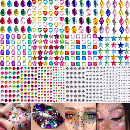 Vista 10 de 6 hojas de joyas para la cara, gemas para la cara, diamantes de imitación autoadhesivos para maquillaje, accesorios para disfraces de festivales