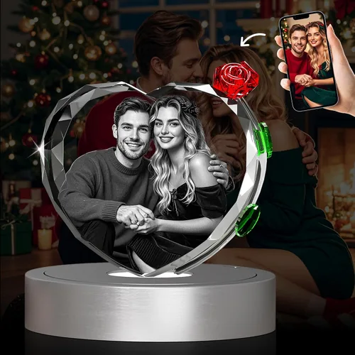 Vista 8 de Foto de cristal 3D con rosa de cristal rojo, regalos personalizados para mujeres, ella, él, esposa, novia, mamá, pareja, foto de cristal