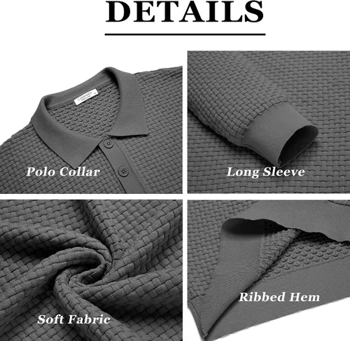 Vista 6 de COOFANDY Polo de punto para hombre, de manga larga, ligero, a la moda, informal, con cuello