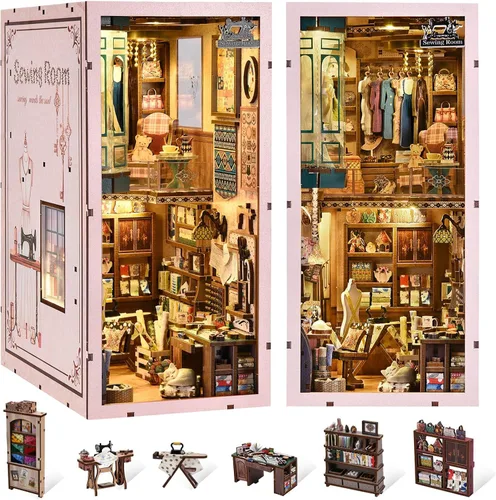 Vista 15 de fifijoy Kit de rincón de libros, casa de muñecas en miniatura para adultos y adolescentes, rompecabezas de madera 3D con luz LED, decoración retro