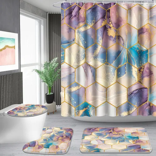 Vista 15 de Poedist Juego de 4 cortinas de ducha de baño, juegos de baño con alfombras (tapete de baño, forma de U y tapa de inodoro) y 12 ganchos, mármol