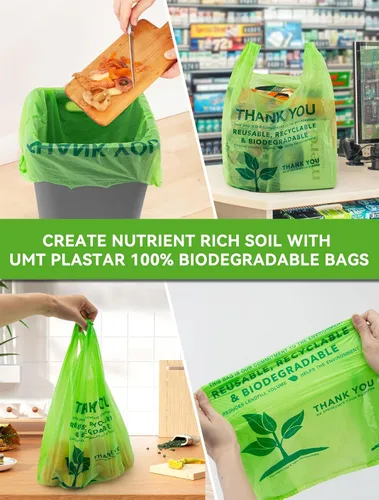 Vista 5 de UMT Plastar 500 bolsas biodegradables para camisetas, 11.5 x 6.25 x 21 pulgadas 16 bolsas de transporte ecológicas con asas fuertes para uso