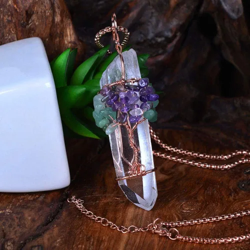Vista 2 de Justinstones Collar con colgante de cristal curativo de cuarzo transparente natural envuelto en alambre del árbol de la vida, Gema
