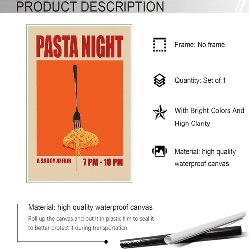 Vista 2 de Pósteres nocturnos de pasta retro, arte divertido de comida de fideos, arte de mediados de siglo, lienzo de cocina moderna de mediados de siglo