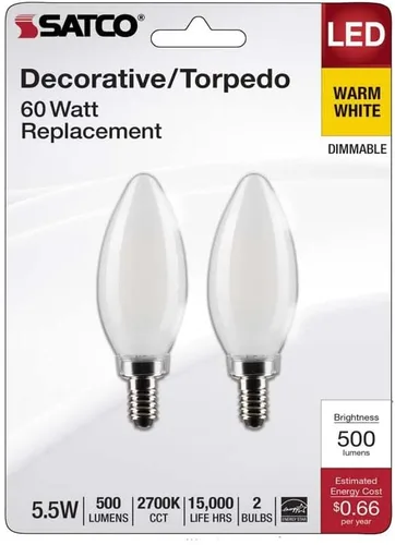 Vista 2 de Satco 3012438 B11 E12 - Bombilla LED de filamento blanco cálido equivalente a 60 W, paquete de 2