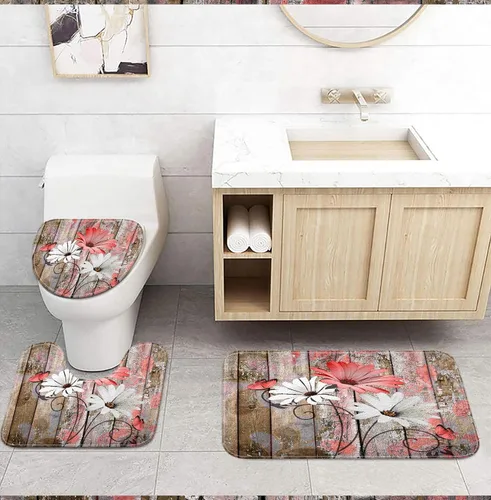 Vista 26 de JAWO Alfombra de baño con flores de granja, dalia en tablones de madera rústica, juego de tapetes de baño con flores azules, en forma de U