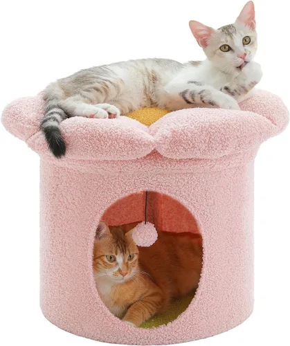 Vista 10 de PETEPELA Camas para gatos de 2 niveles para gatos de interior, casa pequeña en árbol para gatos con cama extraíble, bonita cueva escondida