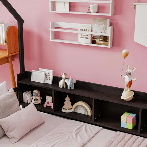 Vista 6 de Bellemave Twin House Floor Bed Frame,Espresso Solid wood montessori bed with storage shelves, built-in LED lights, charging station, no box spring