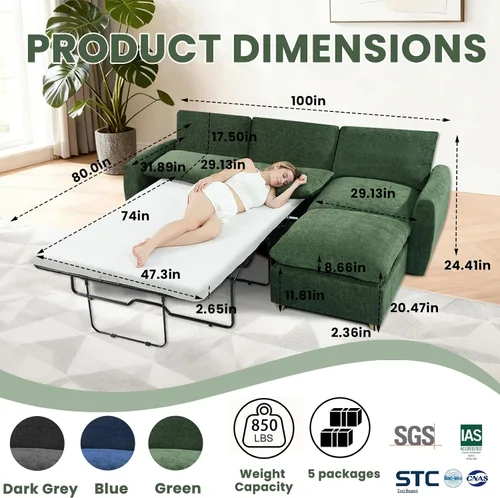 Vista 2 de Sofá extraíble en forma de L con cama cama y otomana de almacenamiento, sofá modular de felpilla para sala de estar, sofá modular en forma de L