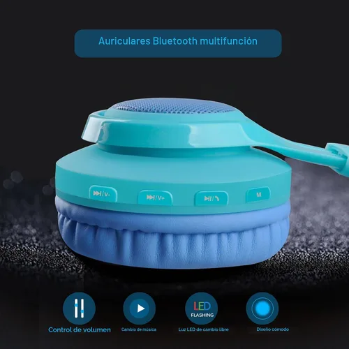 Vista 3 de Riwbox WT-7S audífonos estéreo plegables con Bluetooth y luces, inalámbricos, con micrófono y control de volumen para computadora, teléfonos Azul