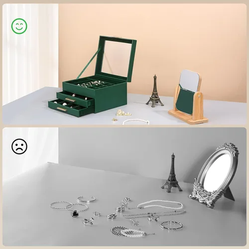 Vista 7 de Joyero organizador para mujer, 3 capas de piel sintética, caja de almacenamiento de joyas con tapa de cristal, regalo para personas, 3 cajones, gran