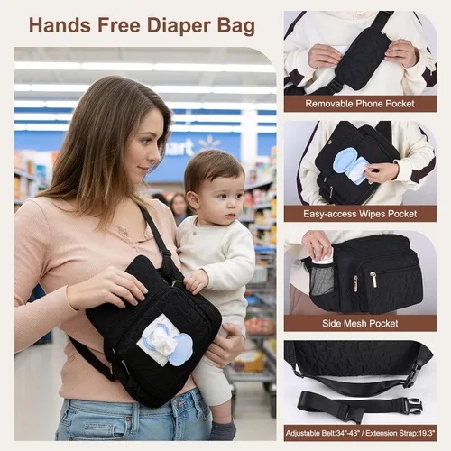 Vista 2 de Rexmore Bolso de Cadera Acolchado para Mamá - Bolso Compacto de Mujer con Cambiador Portátil y Bolsillo para Toallitas, Organizador de Viaje y Negro