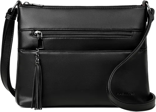 Vista 8 de MASINTOR Bolsos cruzados para mujer, bolso cruzado ligero y mediano, de cuero suave, bolsos de hombro para mujer con borla, Negro puro, Bandolera