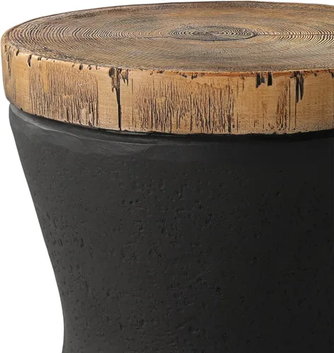 Vista 5 de COSIEST Mesa auxiliar para exteriores, mesa auxiliar de tambor, parte superior de madera sintética, base negra con tronco de árbol pintada a mano