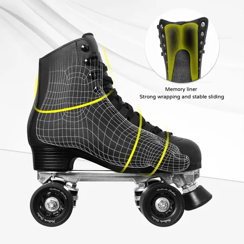 Vista 4 de Patines de ruedas para mujeres con cuero PU de caña alta de doble fila, patines unisex para adultos para interiores y exteriores Derby con frenado