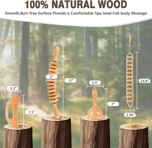 Vista 7 de KintKita Herramientas de masaje de terapia de madera 4 en 1, masajeador de drenaje linfático de madera, removedor de celulitis corporal, kit