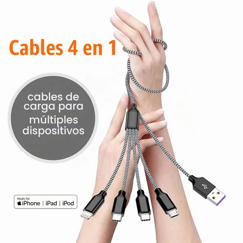 Vista 8 de Doub Tyep-C 4 en 1 cable de carga múltiple de 4 pies, cable de carga de nailon trenzado Lightning para iPhone, cable de carga universal con tipo C