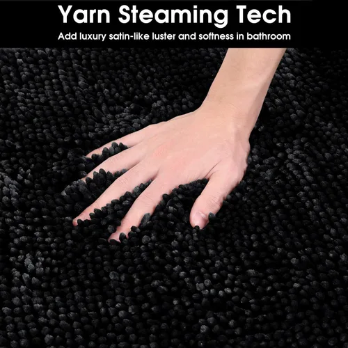 Vista 4 de HOMEIDEAS Juego de alfombras de baño negras de 3 piezas, alfombras y tapetes de felpilla de mantequilla, peludos, absorbentes, antideslizantes